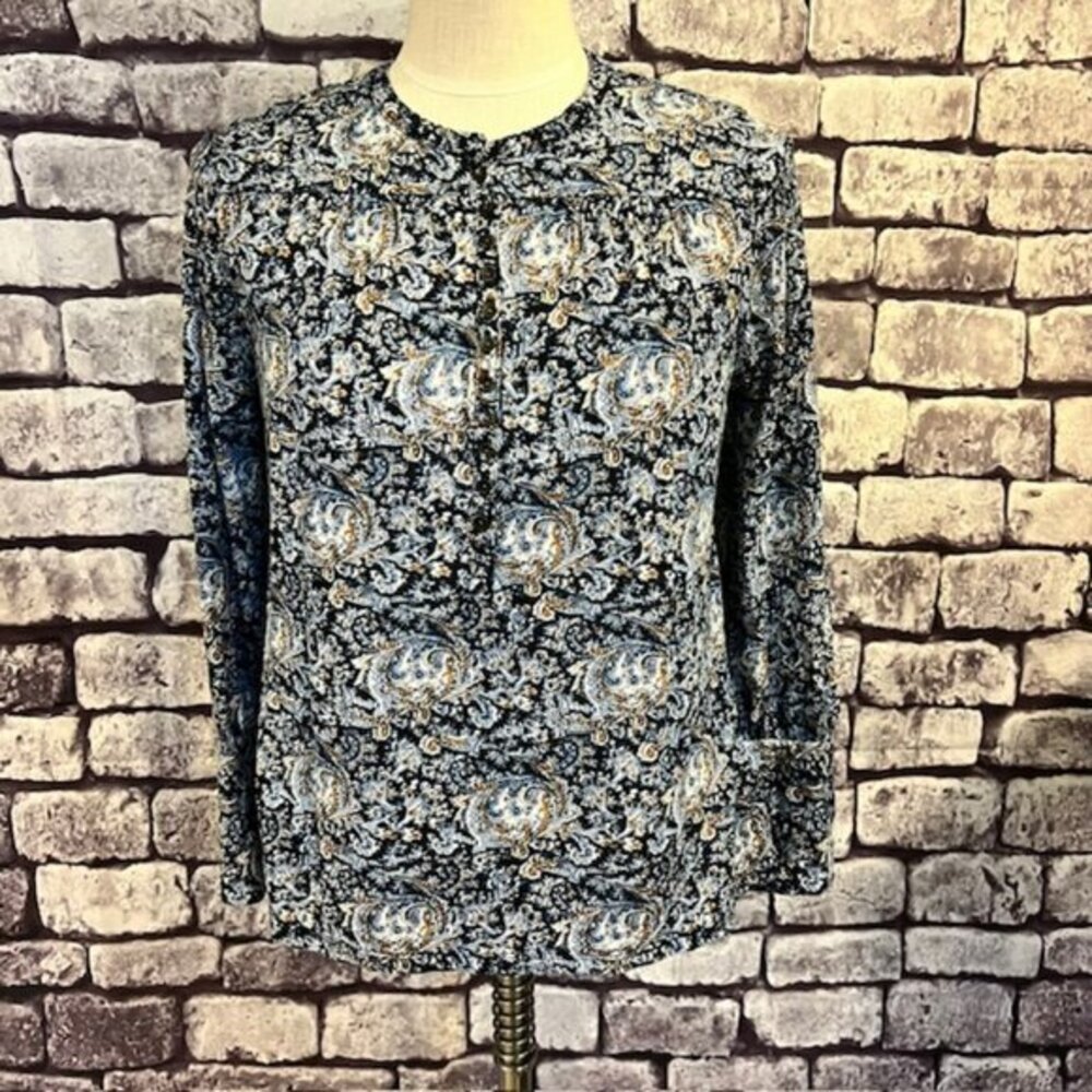 Lucky Brand Blue, Ivory & Brown Button Down Long Sleeve Blouse Size M